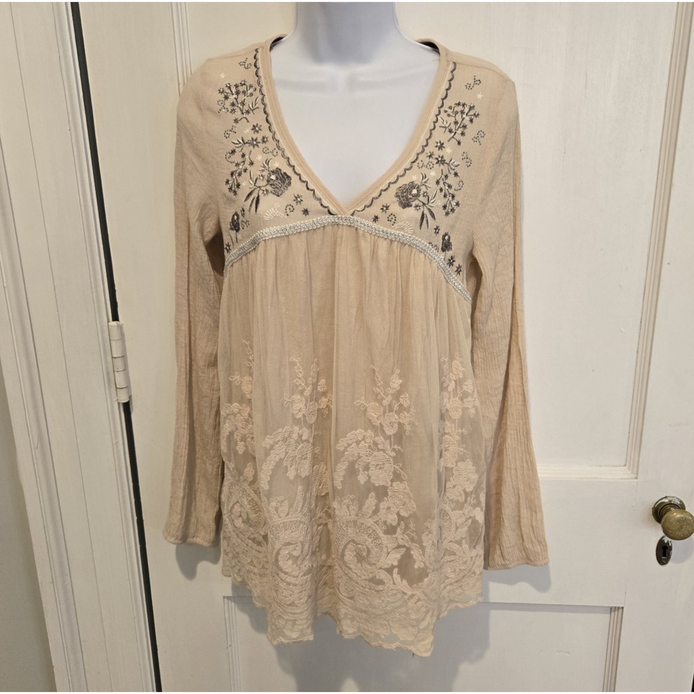 Jolt Women's Blouse Long Sleeve Gauzy Chiffon Fairy Babydoll Embroidered Large